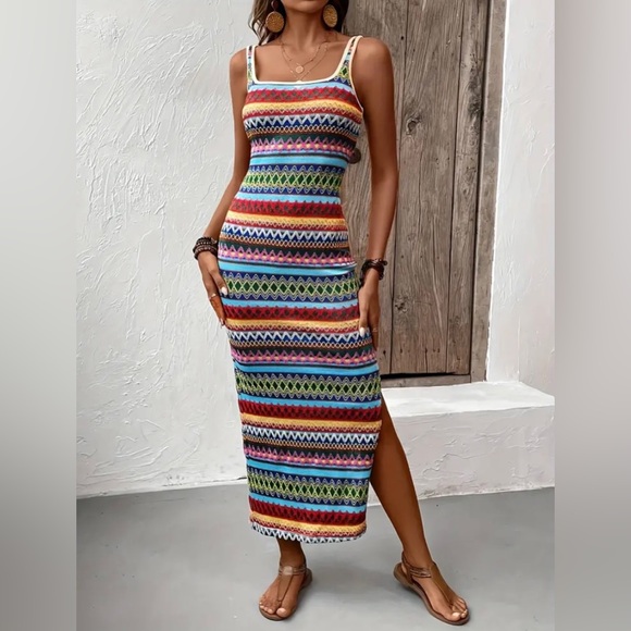 New Striped Pattern Square Neck Tank Dress Sleeveless Slit Boho Multicolored NWT - Picture 5 of 16